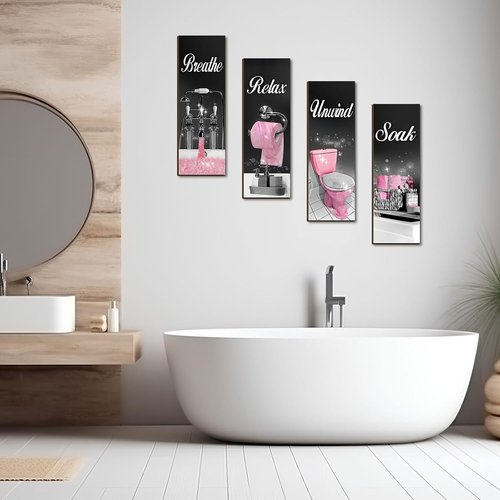 Honoson Bathroom Decor Wall Art - 4 Pcs Farmhouse Signs for Relaxation | Black & Pink