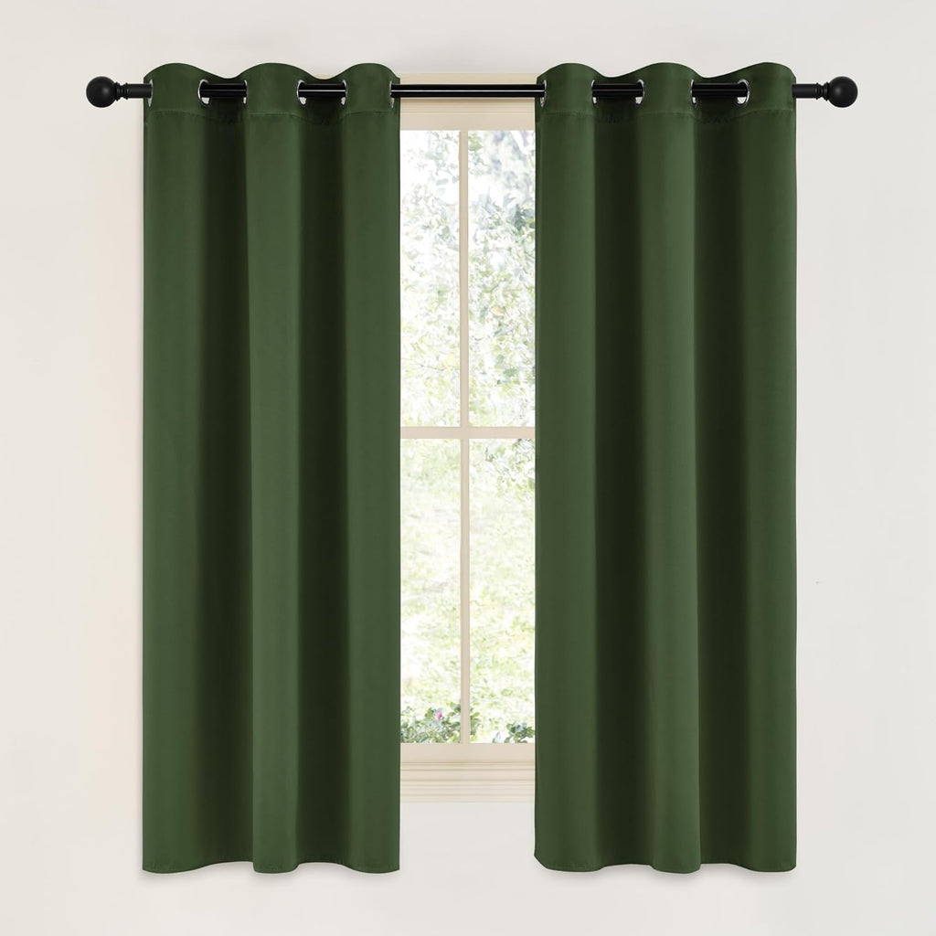 NICETOWN Dark Green Blackout Curtains - Noise Reducing Faux Silk Drapes, 42" x 63", 2 Panels for Small Windows