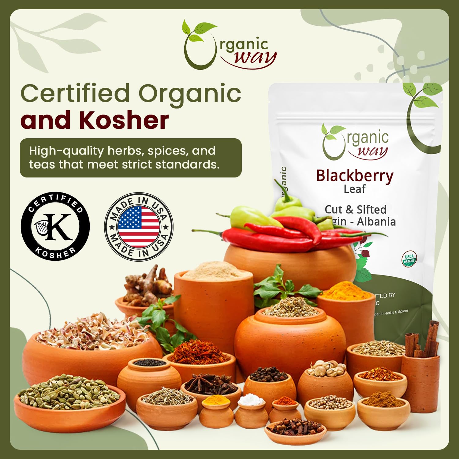 Organic Way Blackberry Leaf (Rubus fruticosus) Cut & Sifted - Herbal Tea | European Wild-Harvest | Organic & Kosher Certified | Non GMO & Gluten Free | USDA Certified | Origin - Albania (1/4 LBS)