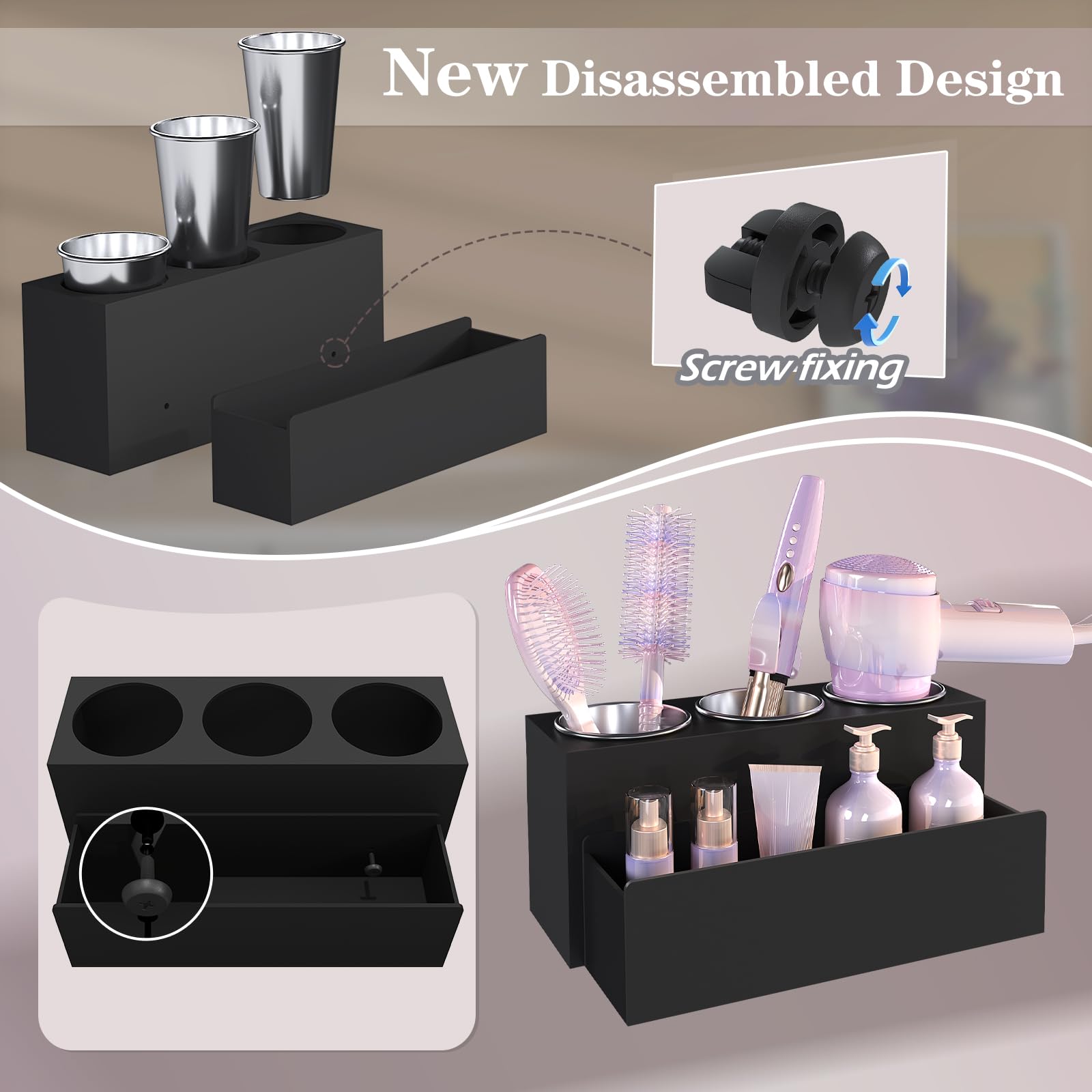 PITBVO Hair Tool Organizer, Removable Blow Dryer Holder for Bathroom, Hot Tools Organizer For Hair Dryer, Blow Dryer, Curling Iron, Hair Straightener, Bathroom Countertop Organizer, Matte Black