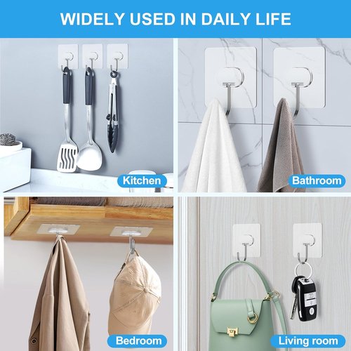 JINSHUNFA Heavy Duty Adhesive Wall Hooks - 13LB No Drill Transparent Waterproof | 8 Pack for Bathroom & Kitchen