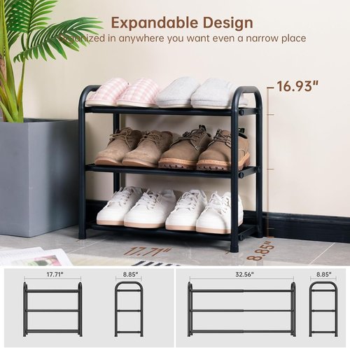 Gonfoam 3-Tier Expandable Shoe Rack - Adjustable Heavy-Duty Metal Storage Organizer | Black