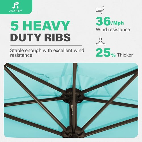 JEAREY 9ft Half Patio Umbrella - Crank-Operated, UV Protection, 1/2 Round Design for Pool & Garden - Teal Blue