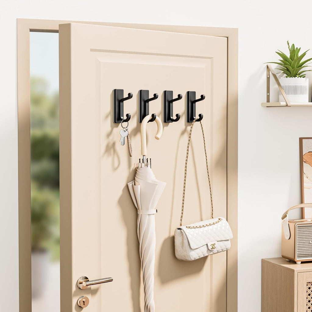 Skiennix Self-Adhesive Wall Hooks - Heavy-Duty Sticky Hangers for Clothes & Towels | 4 Pack, Black