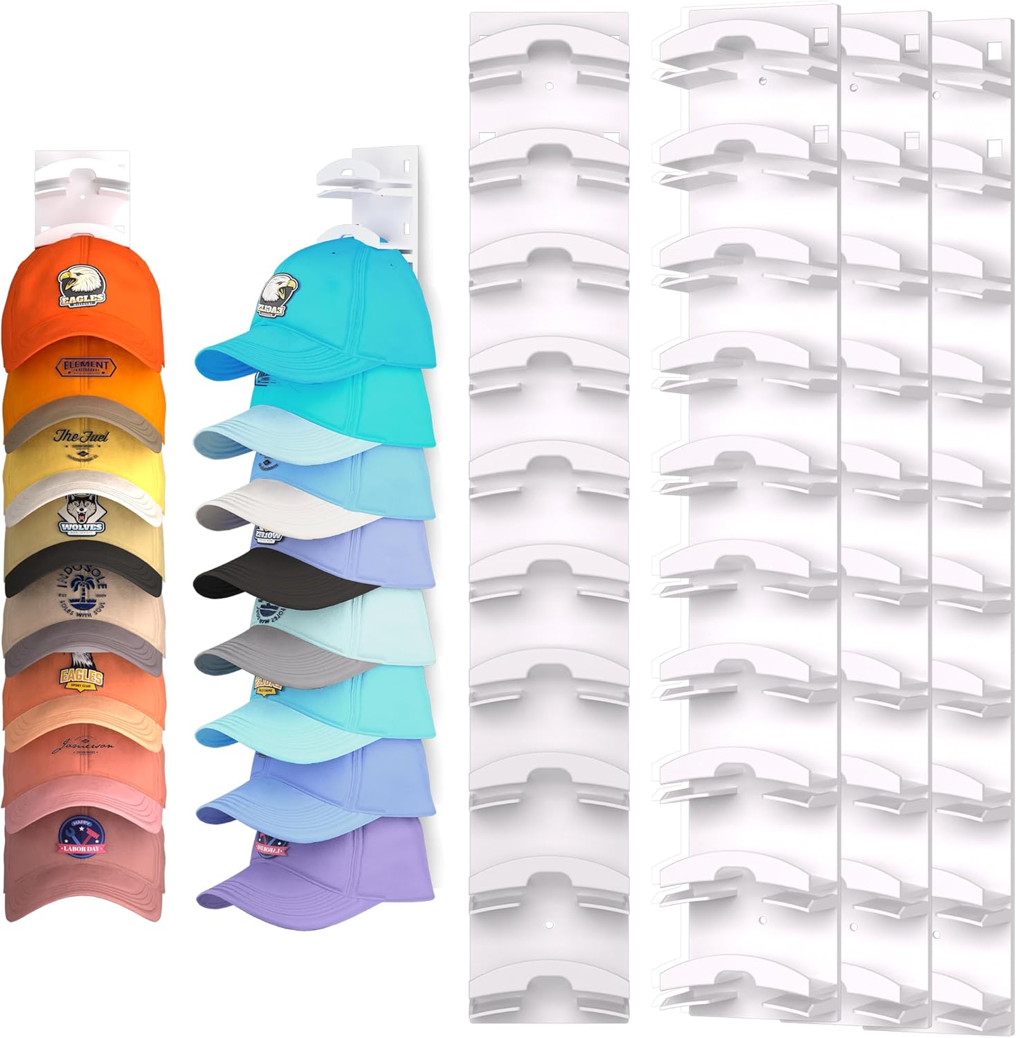 Skiennix Hat Organizer - Wall-Mounted Rack for Up to 40 Baseball Caps | Strong Adhesive, White