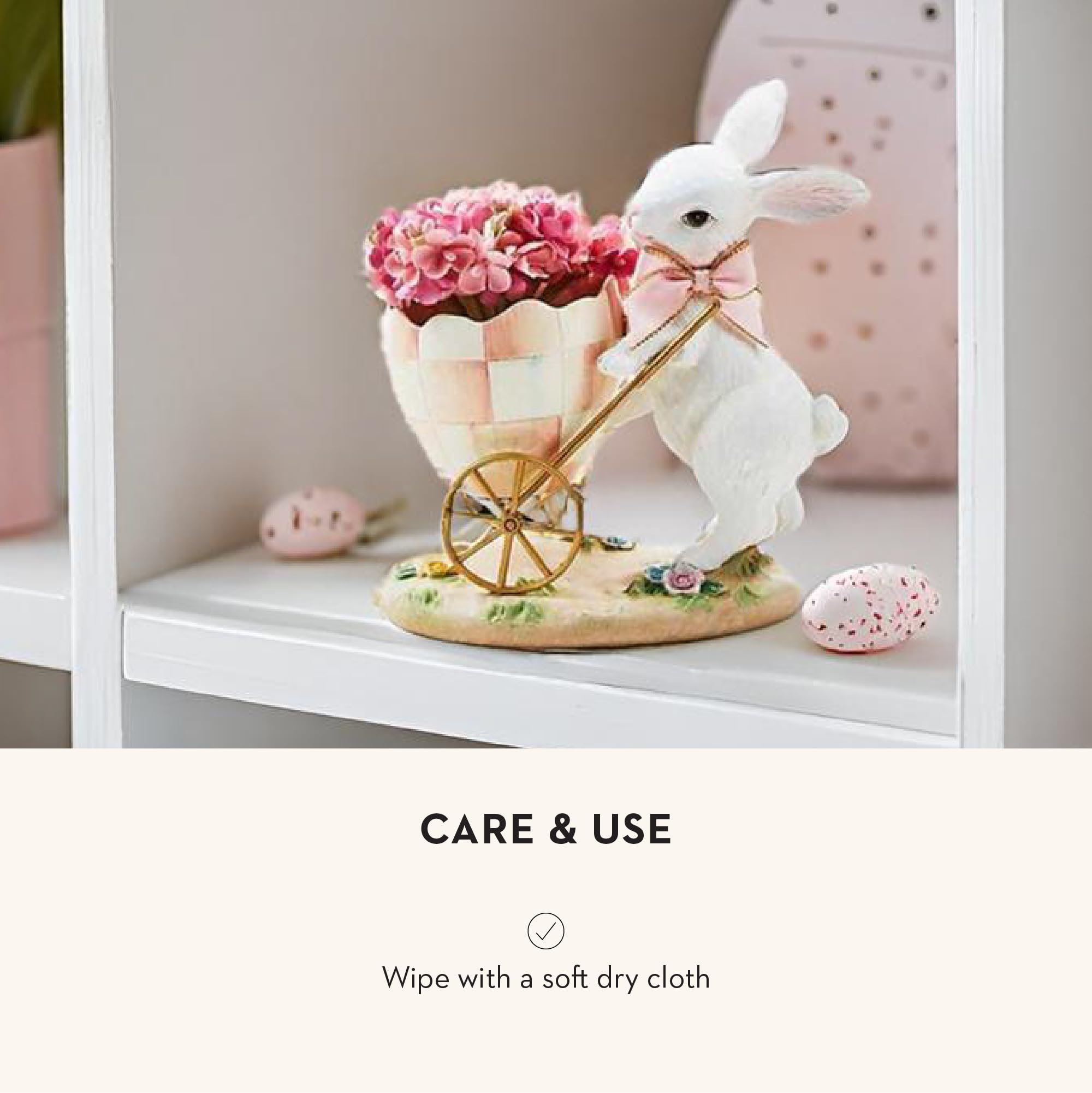 MACKENZIE-CHILDS Bunny Egg Cart Figurine, Resin Spring and Easter Bunny Decor, Rosy Meadow