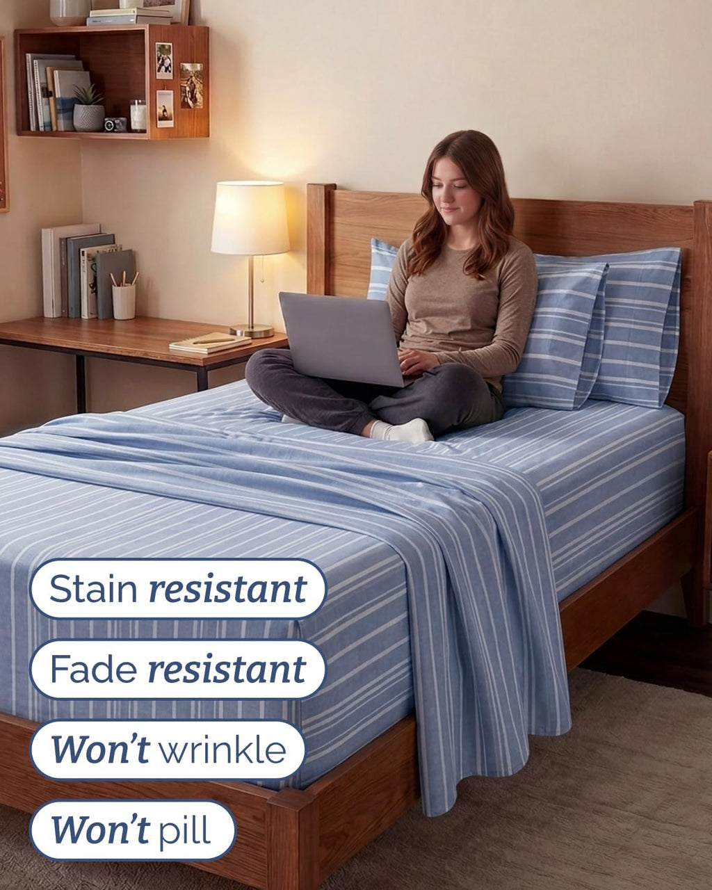 Skiennix Extra Deep Twin XL Sheet Set | 4-Piece Cooling Bedding - Soft, Breathable, Wrinkle-Free - Blue Stripes