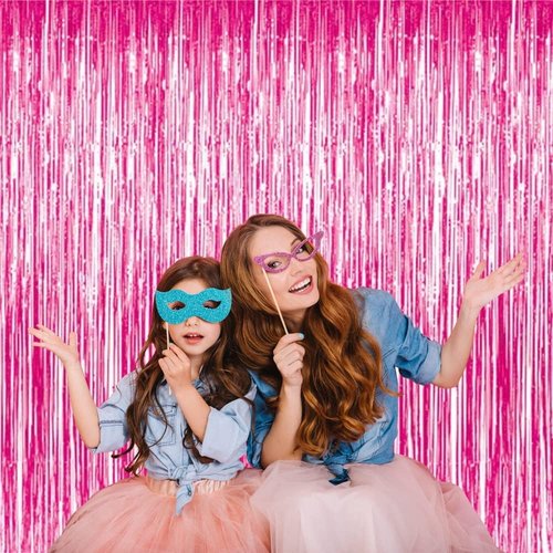 GOER Metallic Tinsel Foil Fringe Curtains - 3.2 ft x 8.2 ft Party Backdrop for Galentine's Day, Birthdays & Weddings | Hot Pink