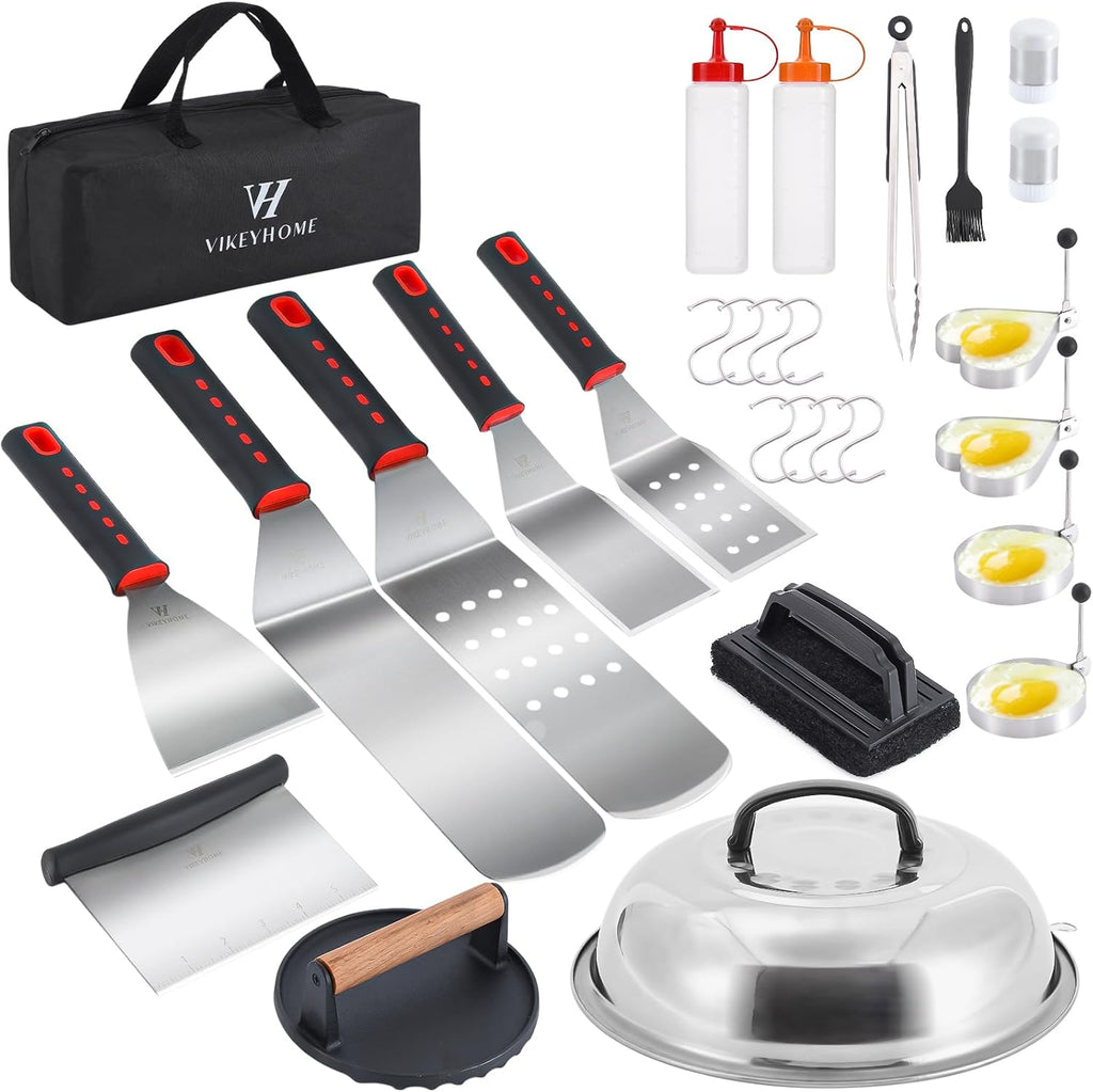 VIKEYHOME Griddle Accessories Kit - 28 Pcs Flat Top Grill Set with Spatula, Tongs & Egg Ring