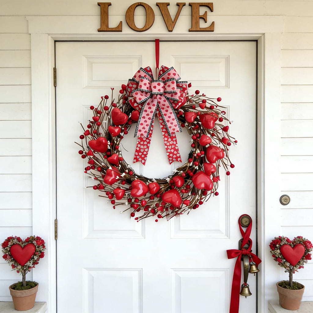 idyllic 18x10 Inch 2 Pcs Valentine's Day Pink Bow with Heart Print, Decor for Wreath Mantel Wall Window for Valentine's Day Wedding Anniversary Candlelight Dinner Home Decor Gift