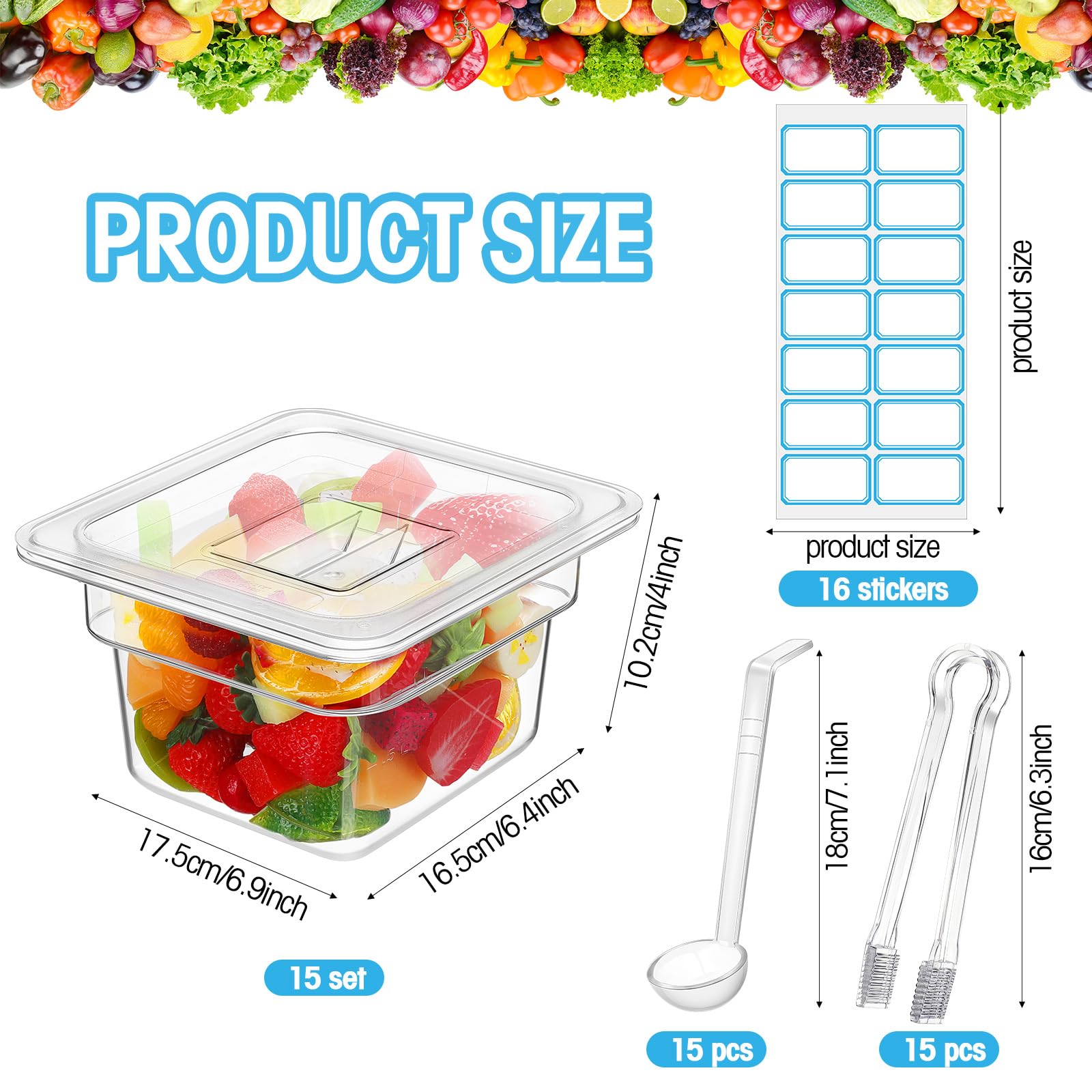 Suttmin 15 Pcs Plastic Clear Food Pan Set, 1/6 Size Clear Food Pan with Lid, Tongs, Spoons, Stickers Stackable Food Storage Container Restaurant Hotel Commercial Pan for Fruit Vegetable (4 Inch Deep)
