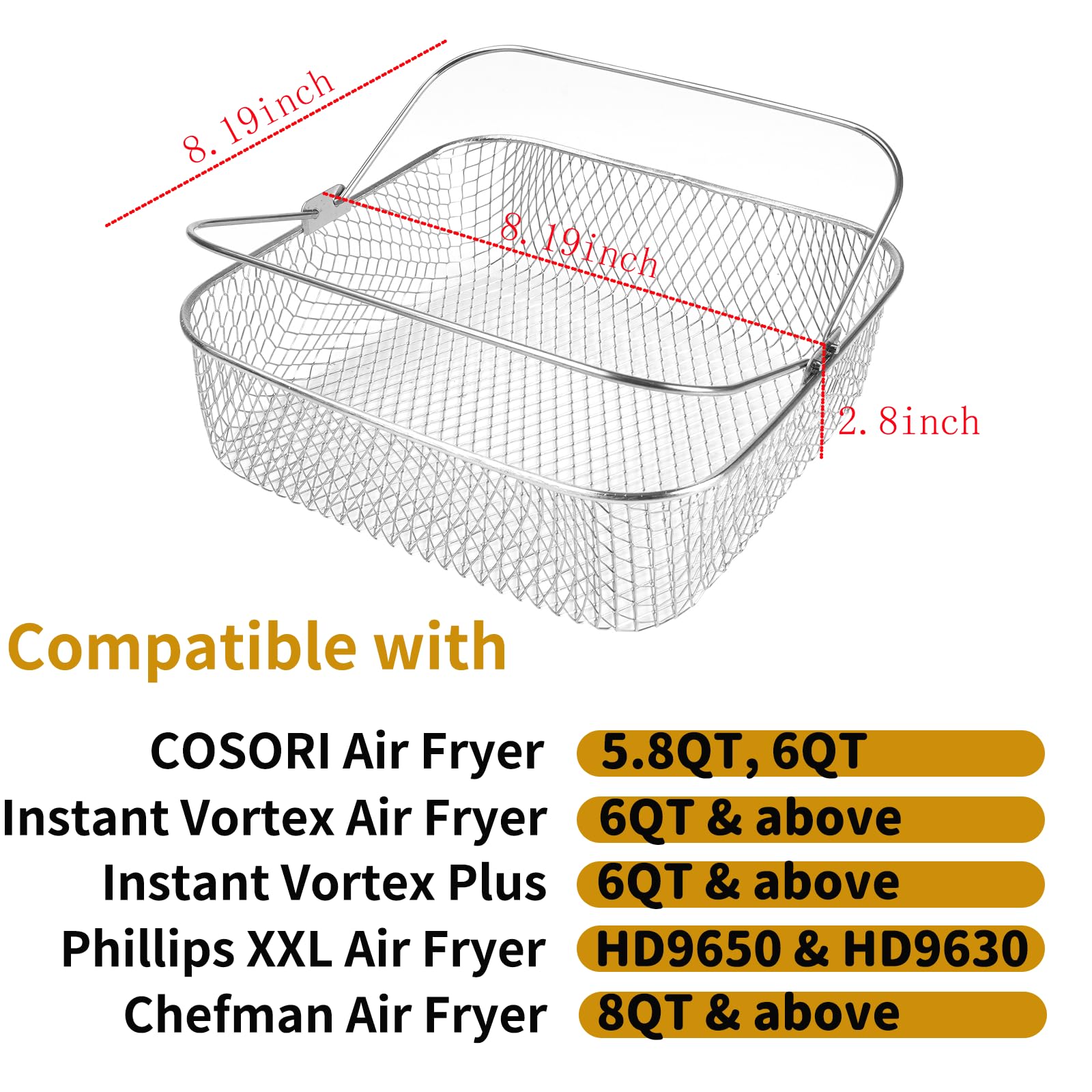 Square Air Fryer Basket for 5.8QT 6QT COSORI Air Fryer Accessories, 304 Stainless Steel Mesh Basket with Handle Replacement Accessory for 6QT Instant Vortex, Instant Vortex Plus, Phillips XXL