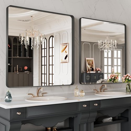 LOAAO Black Metal Framed Bathroom Mirror - 32x32 Inch, Anti-Rust, Versatile Horizontal/Vertical Hangs