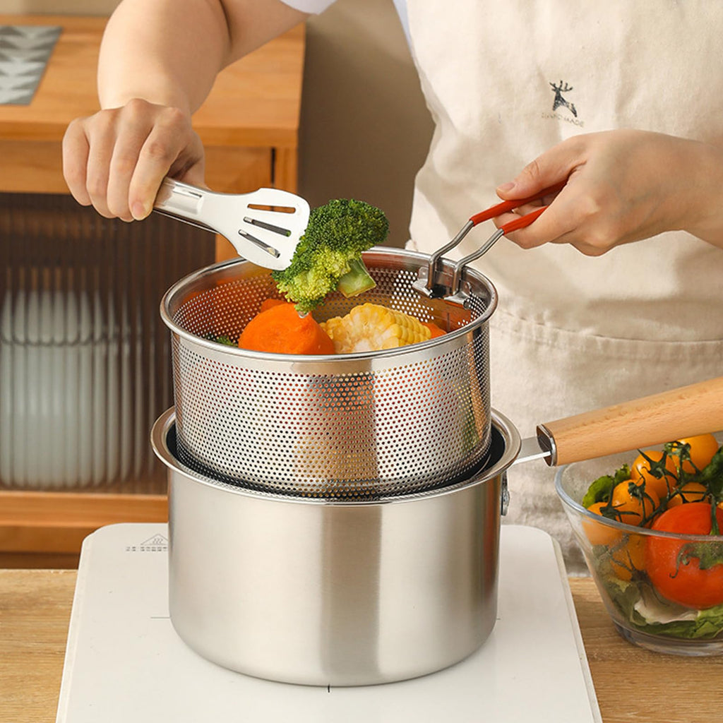 Pasta Strainer Set of 2, Stainless Steel Noodle strainer with Removable Handle Metal Pasta Strainer Basket Deep Fryer Basket, Kitchen Colander for Washing Draining Deep-frying Boiling Steaming