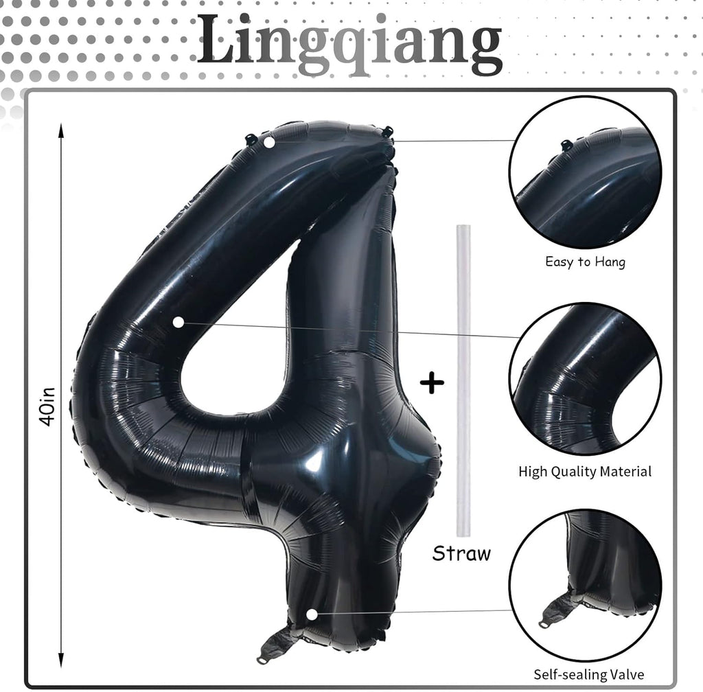 Black Number Balloons - 40-Inch Large Number 4 Foil Mylar Helium Balloons for Birthday & Graduation Celebrations