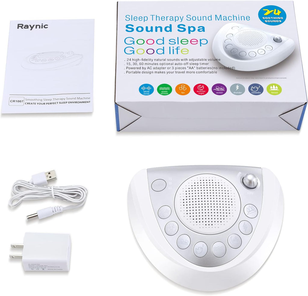 Raynic White Noise Machine - Portable Sleep Sound Device with 24 Soothing Sounds | USB & Timer Features, Silver