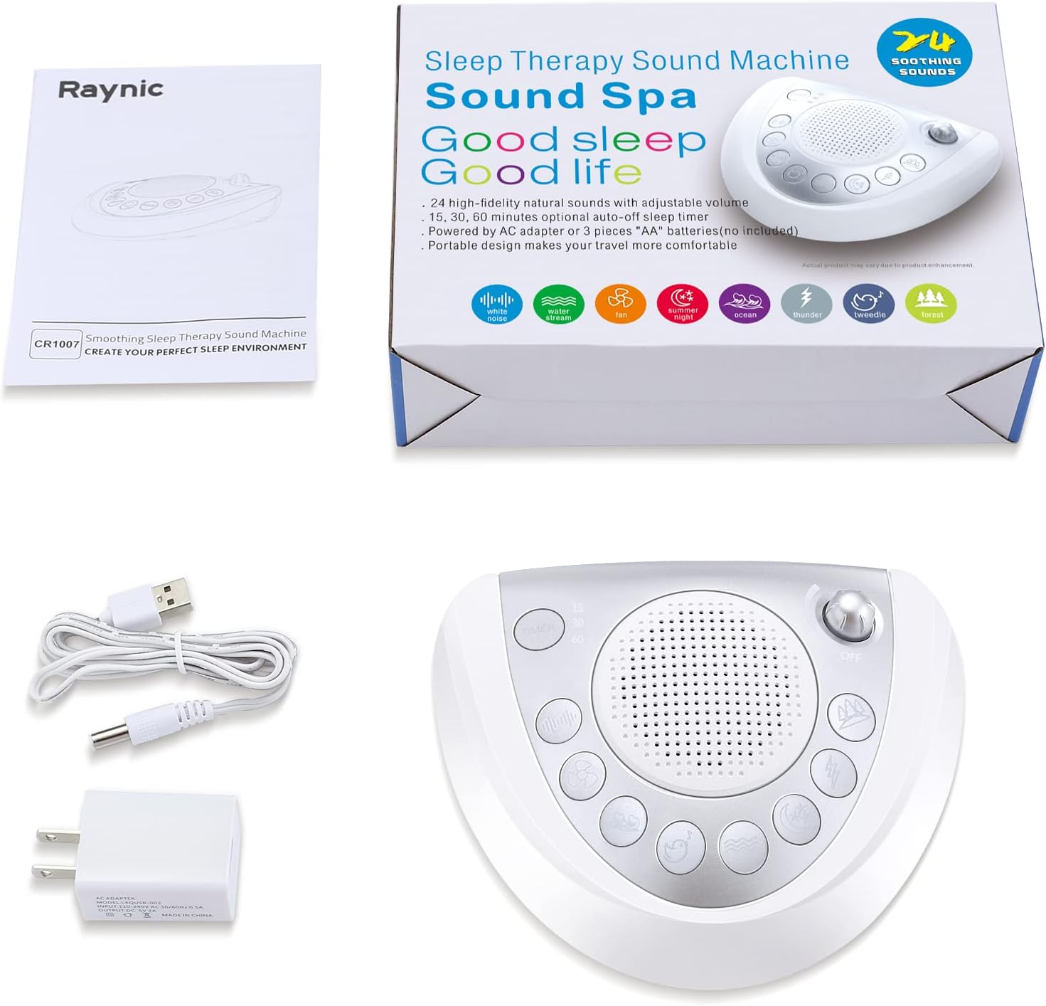 Raynic White Noise Machine - Portable Sleep Sound Device with 24 Soothing Sounds | USB & Timer Features, Silver