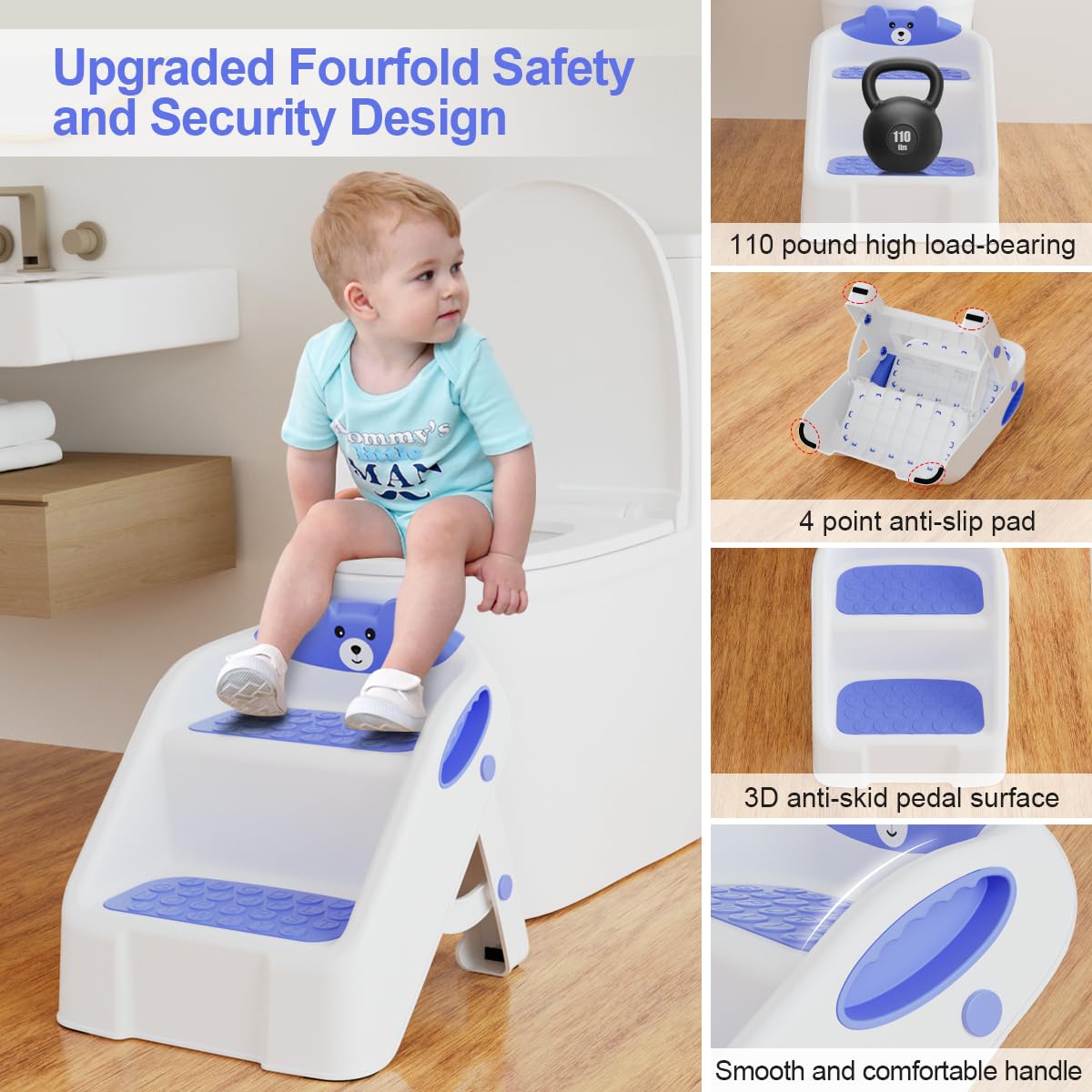 Toddler Step Stool for Bathroom Sink, 2 Step Stools for Kids, Kids Step Stool with Safety Non-Slip Pads and Handles, Foldble Kids Stool, Toddler Stool for Kitchen Toilet Counter Bed (Blue)