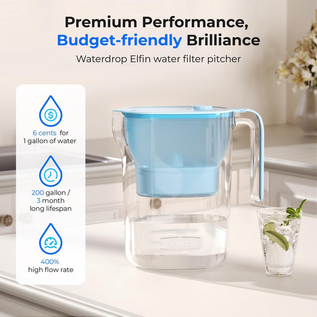 Waterdrop PT-05B-L Water Filter Pitcher, 7-Cup, NSF Certified, 200-Gallon Long-Life Filter Purifier, Reduces Chlorine and PFOA/PFOS, for Countertop, Replaces 6,400 Plastic Water Bottles a Year, Blue