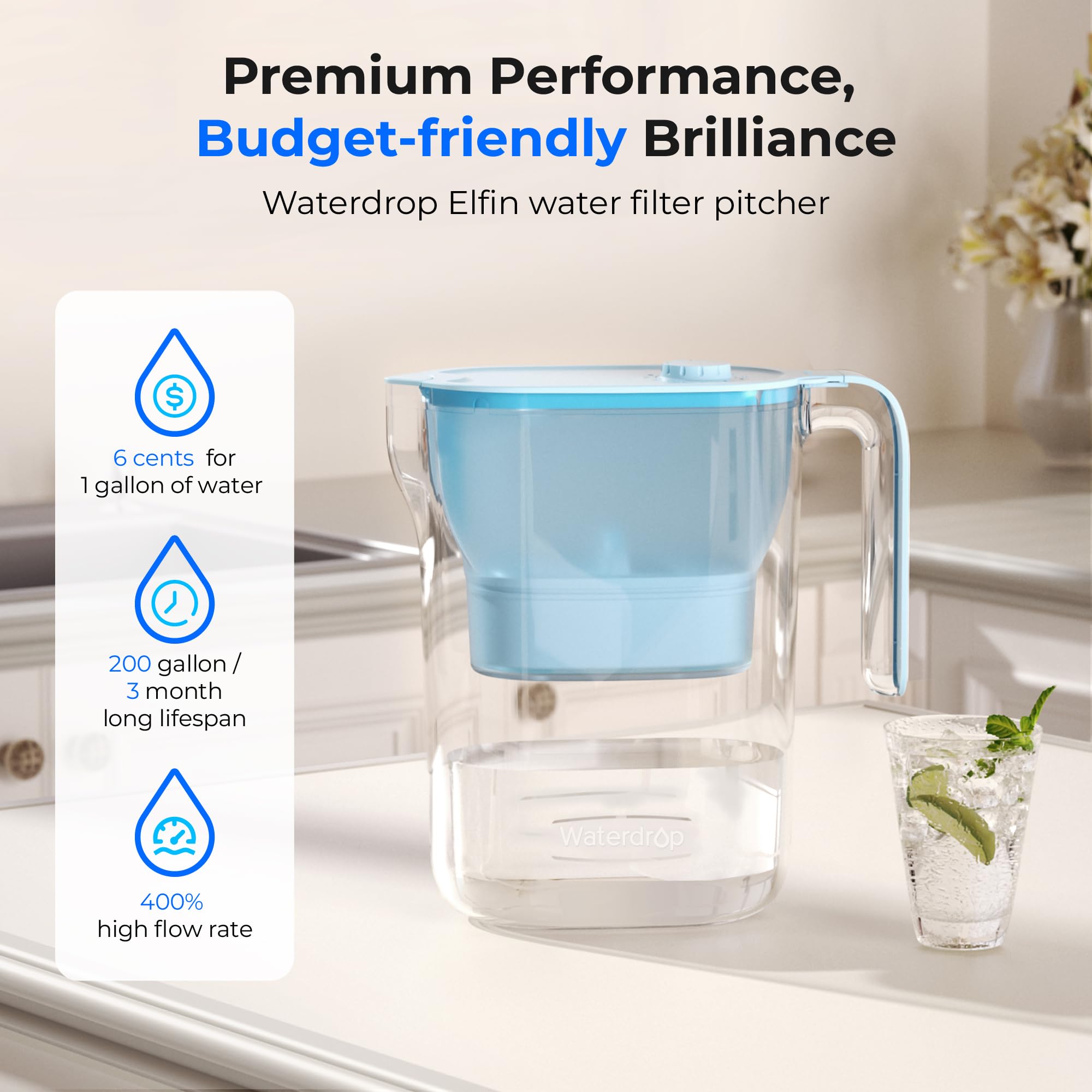 Waterdrop PT-05B-L Water Filter Pitcher, 7-Cup, NSF Certified, 200-Gallon Long-Life Filter Purifier, Reduces Chlorine and PFOA/PFOS, for Countertop, Replaces 6,400 Plastic Water Bottles a Year, Blue