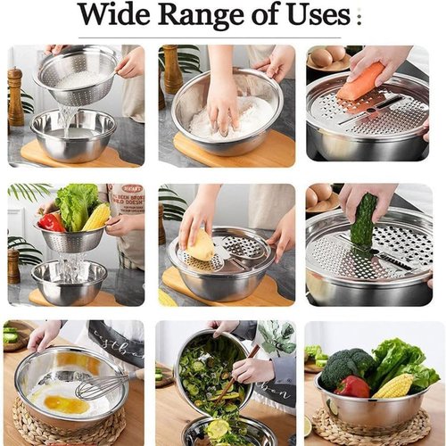Germany Multifunctional Stainless Steel Basin - 3-in-1 Vegetable Cutter, Grater & Strainer | 10.2" Size