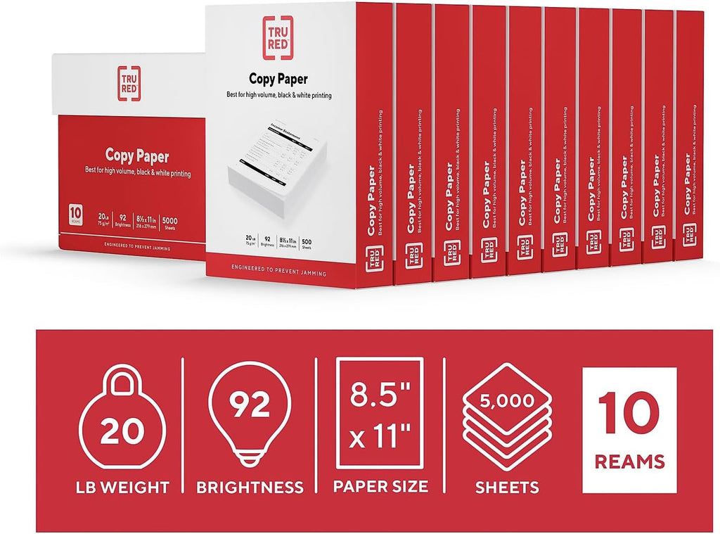 TRU RED Copy Paper - 8.5x11, 20 lb, 92 Brightness | 5000 Sheets for Office, School & Home
