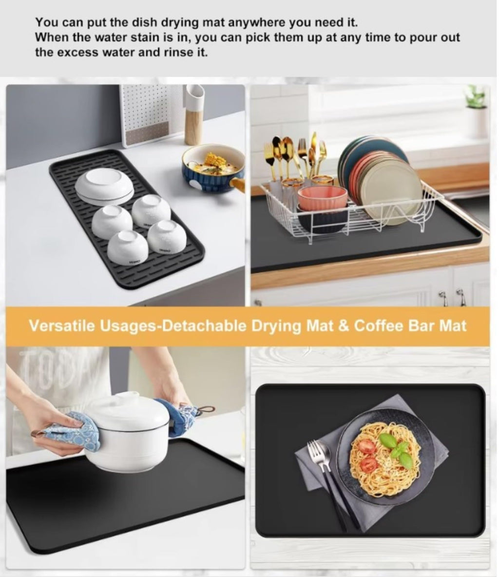 Silicone Coffee Mat 24x16 with Detachable Drying Tray - Waterproof, Dishwasher Safe, BPA Free, Non-Slip Heat Resistant Countertop Protector for Coffee Maker & Bar, Black