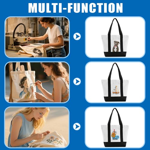 TAOZIM 1Pack Mini Canvas Tote Bag with Pockets, 12oz Cotton Small Tote Bag with Zipper Reusable Grocery Shopping Bags Small Canvas Tote Bags for DIY, Advertising, Decorating Craft (Black/White)