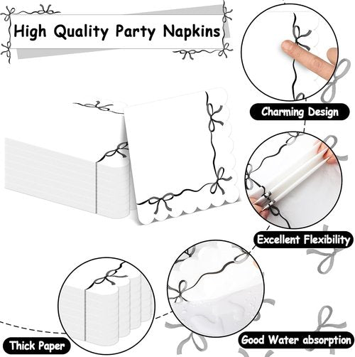Bowknot Party Decorations | 96 Pcs Black & White Birthday Paper Plates & Napkins | Perfect for Bachelorette & Bridal Showers