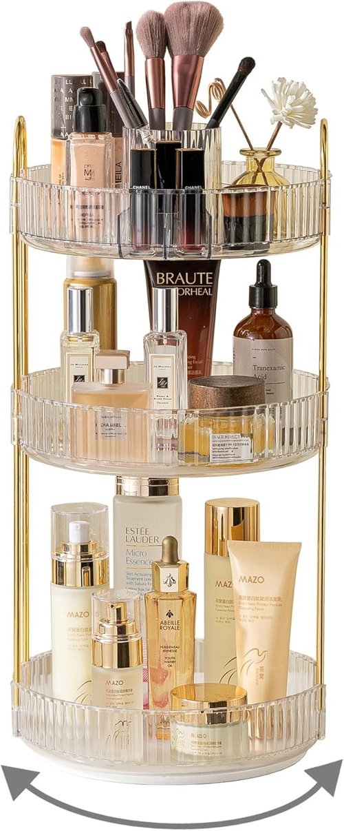 Asayuee 360 Rotating Makeup Organizer - Large 3-Tier Storage for Skincare & Cosmetics | Clear