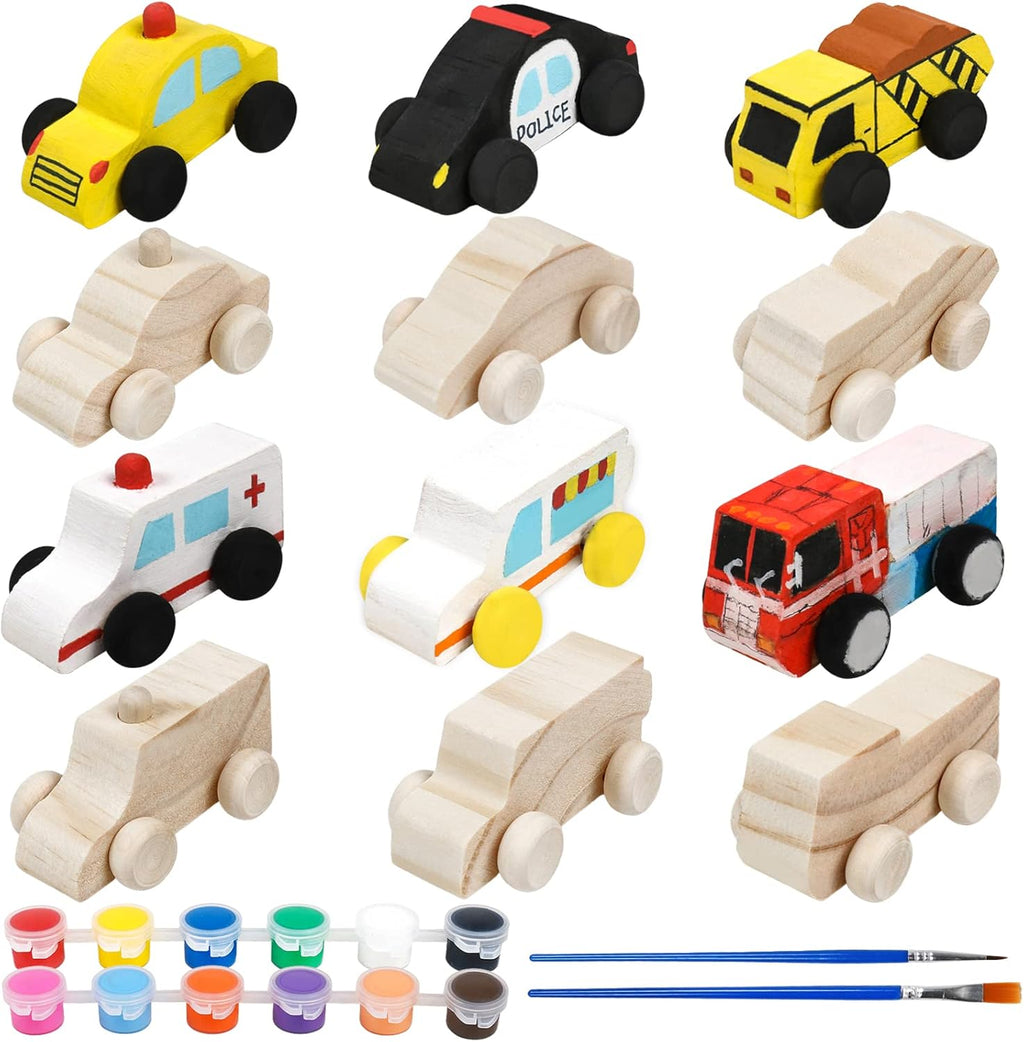 WANTKA Wooden Car DIY Kit - 12 Unfinished Cars for Easy Painting & Crafting | Perfect Family Activity