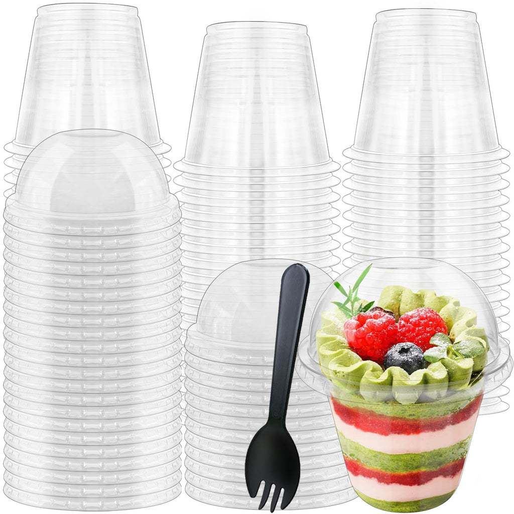 Paradi star 100Pcs 9oz Clear Plastic Cups with Dome Lids Spoons,Disposable Dessert Party Cup Take Out Containers for Parfait,Salad,Ice Cream,Cold Drink,Cupcake