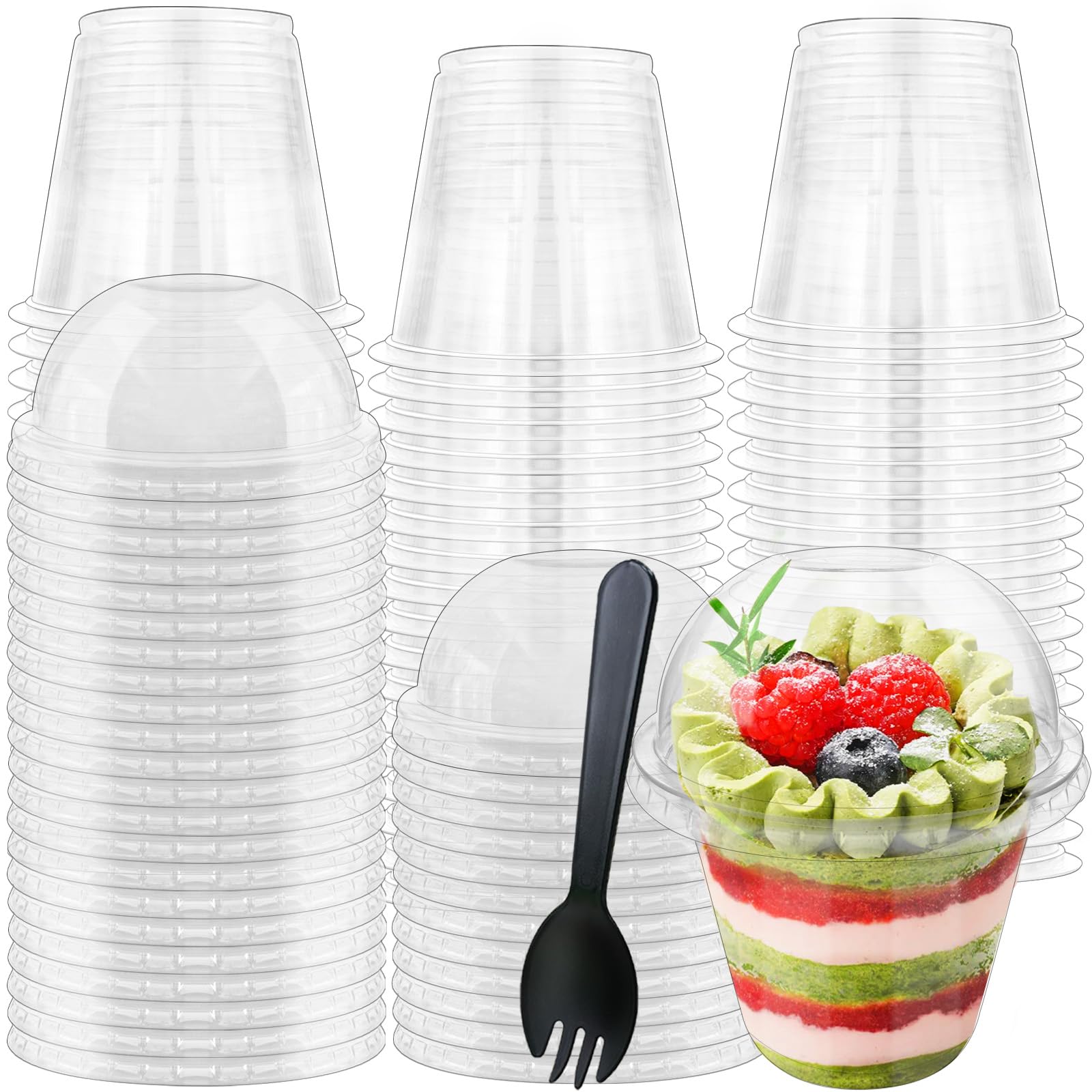 Paradi star 100Pcs 9oz Clear Plastic Cups with Dome Lids Spoons,Disposable Dessert Party Cup Take Out Containers for Parfait,Salad,Ice Cream,Cold Drink,Cupcake