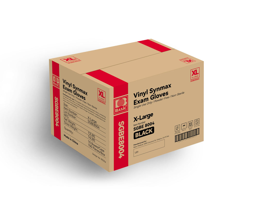 Basic Vinyl Exam Gloves, 4 mil Safty Glove Latex-Free & Powder-Free, SGBE 8004 Synmax Disposable Medical Glove X-Large, Black (Pack of 10,1000 units)