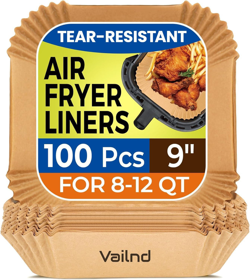 Vailnd Air Fryer Liners - 100 Pcs Disposable 9-Inch Oil-Proof Parchment Sheets for XL Cookers