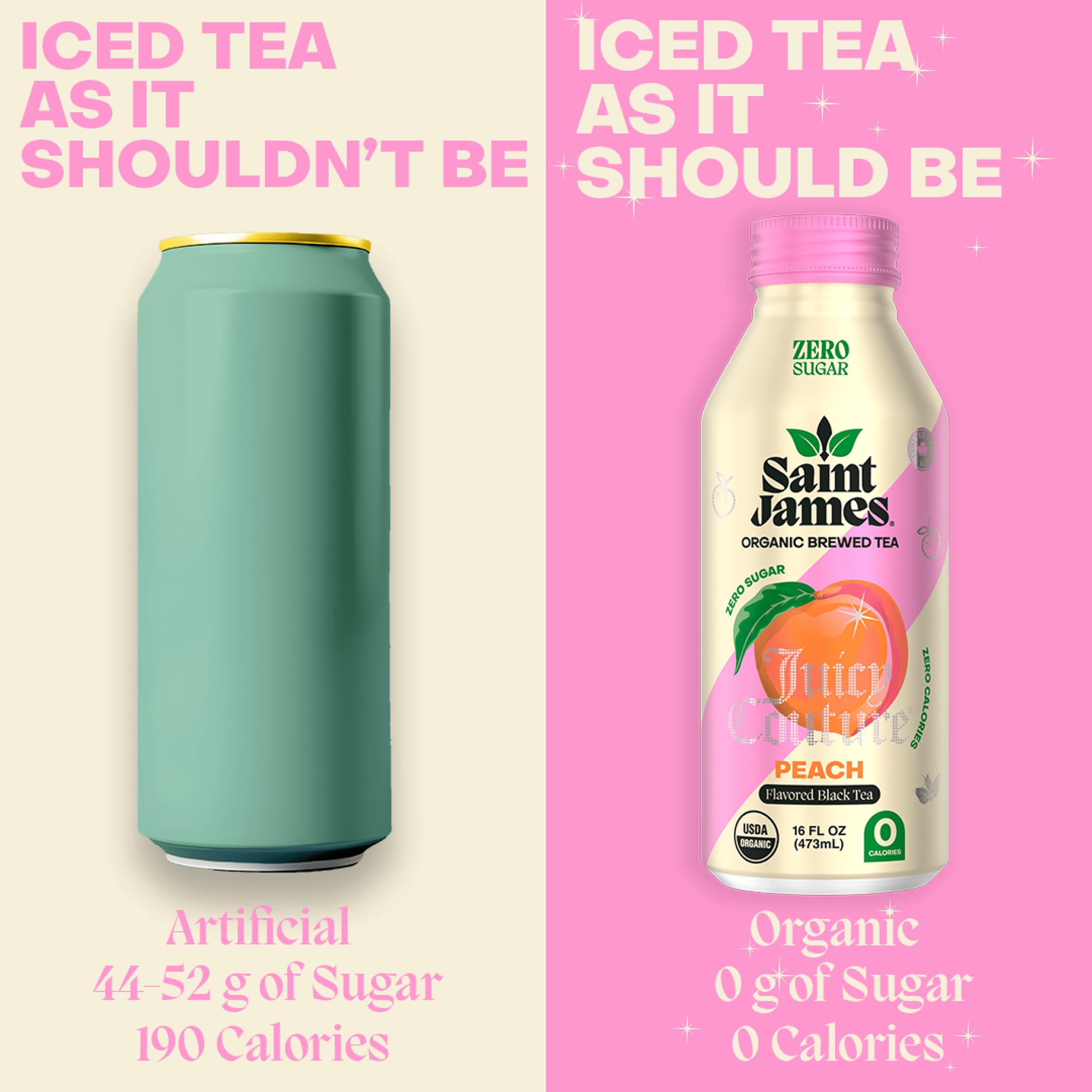 Saint James Iced Tea x Juicy Couture Limited Edition - Organic Black Tea - Non-GMO, Gluten Free, Zero Calorie, Zero Sugar - Juicy Peach, 12 Pack (16 fl oz each)