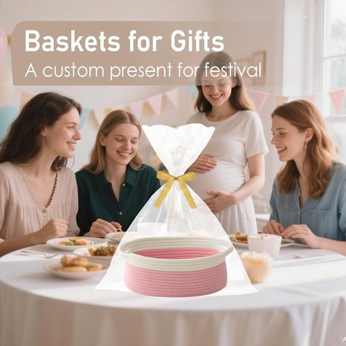 JMvicyroam Woven Storage Baskets - Small Rope Organizer with Handles for Shelves & Closets | White & Pink (3 Pack)