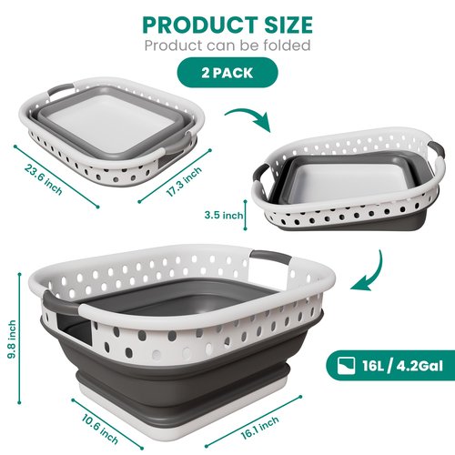 Ideality Shop Collapsible Laundry Baskets - Set of 2 Laundry Hamper 3 Handled Plastic Dirty Clothes Hamper Foldable Laundry Basket