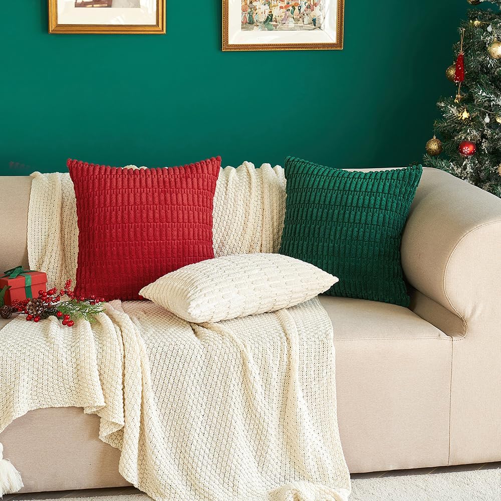 MIULEE Dark Green Corduroy Decorative Pillow Covers - Soft Boho Striped 18x18 Inch | Modern Farmhouse Decor