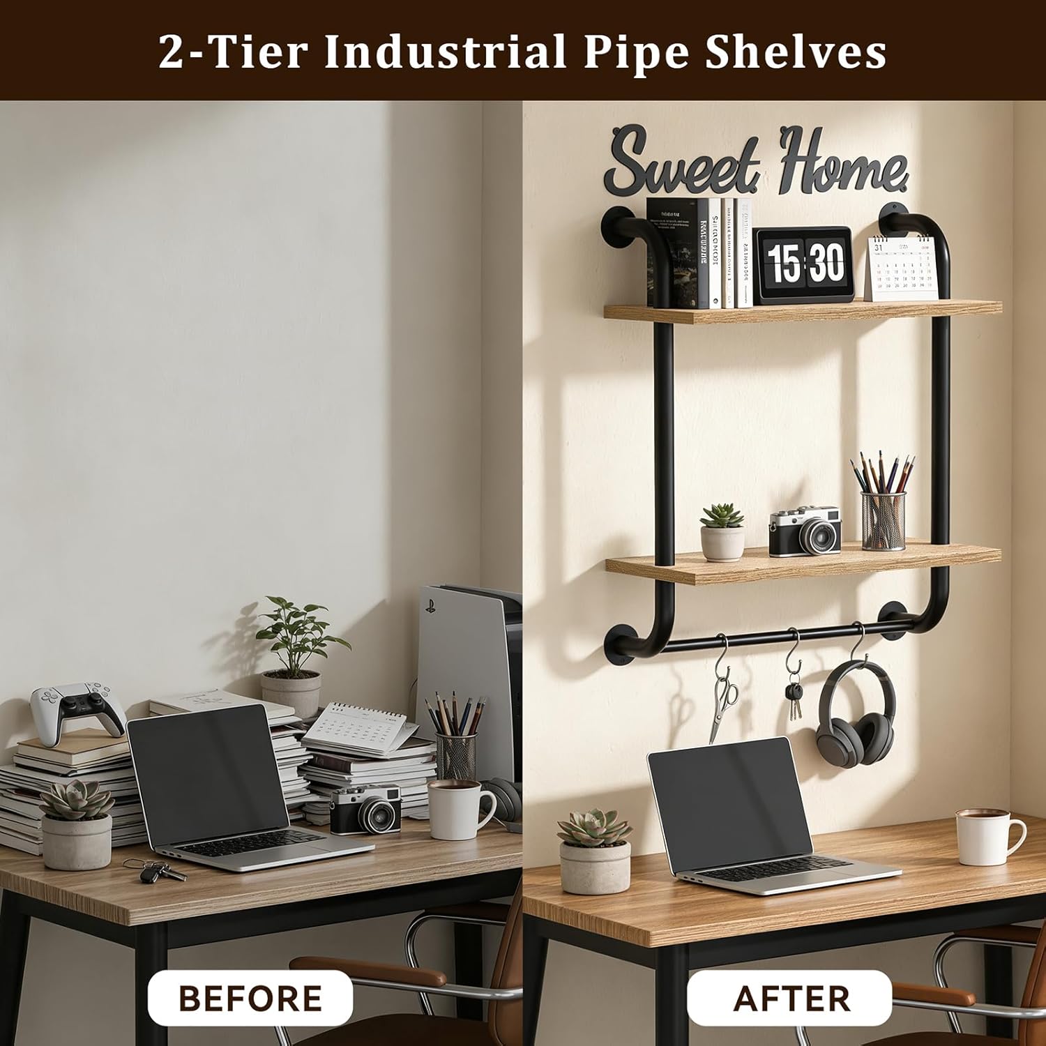 Tinpin Rustic Farmhouse Wall-Mounted Bathroom Shelves - 2-Tier Industrial Floating Shelf Decor | 17.3 Inch