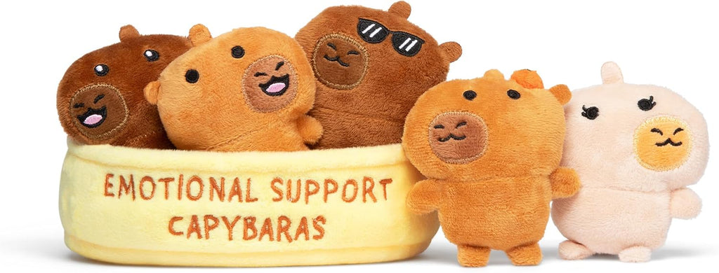 Relatable Emotional Support Capybaras | Cuddly Plush Stuffed Animals Set - 5 Toys with Basket for Mom