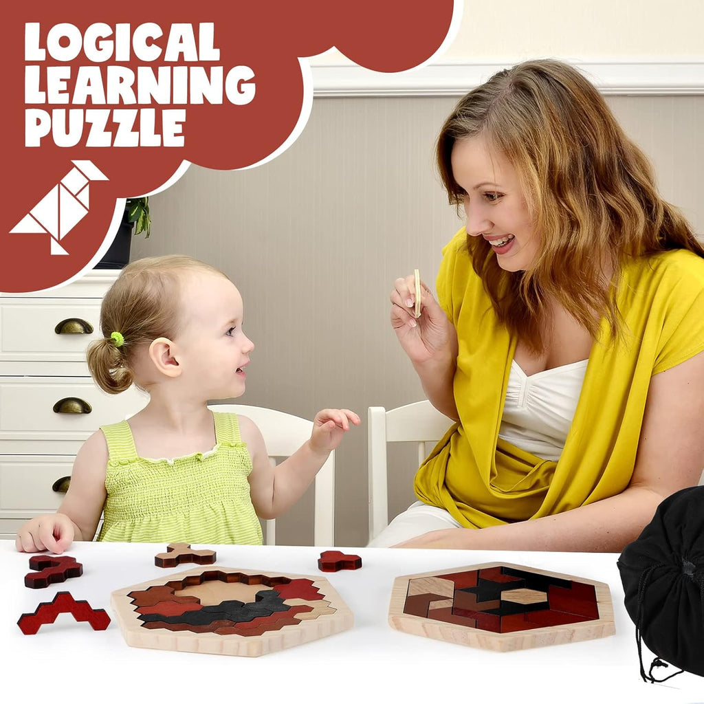 Yunsailing Large Hexagon Tangram Puzzle - 3 Pack Wooden Brain Teasers for Adults | Vintage Design