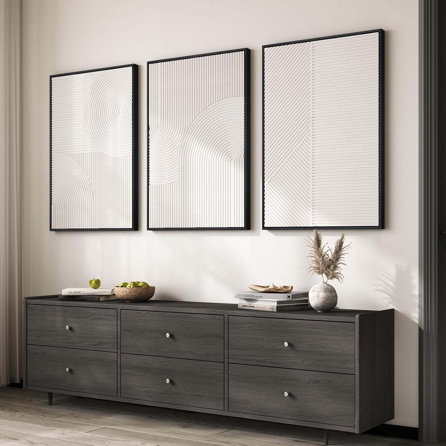 Skiennix Large Framed 3D Textured Abstract Wall Art - Modern White Geometric Decor | 24x36 In, 3 Piece Set