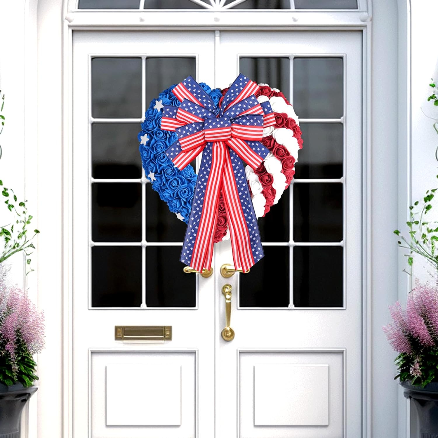 Skiennix Large Patriotic Wreath Bows - Star & Stripe American Flag Design | 20" x 12" Red & Blue Burlap for Holidays
