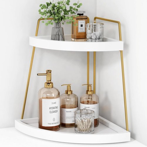 Forbena Bathroom Counter Organizer - 2-Tier Corner Shelf for Makeup & Skincare Storage | White & Gold