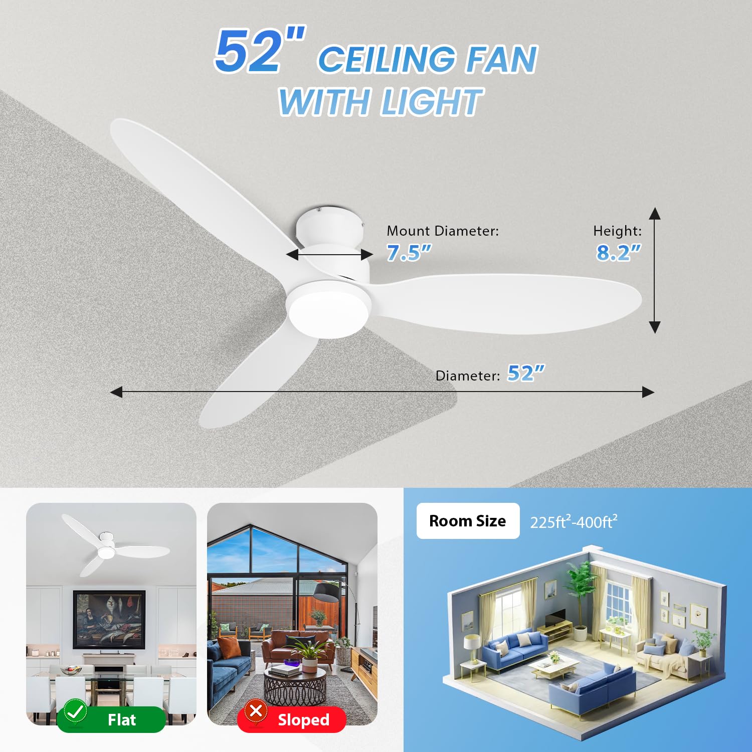 OUATER 52 inch Ceiling Fan with Light and Remote, Flush Mount Low Profile Ceiling Fans with Remote, 3 Color Light, 6 Speed, DC Motor, (ABS, Classic White)