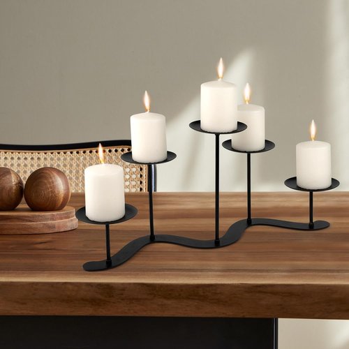 Black Iron Candelabra Candle Holder - Elegant 5 Arm Metal Centerpiece for Pillar Candles