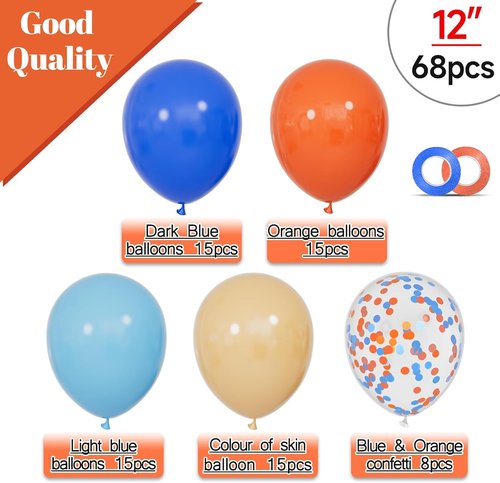 68Pcs Blue & Orange Balloons - 12 Inch Nude & Deep Light Blue for Birthday & Graduation Decor