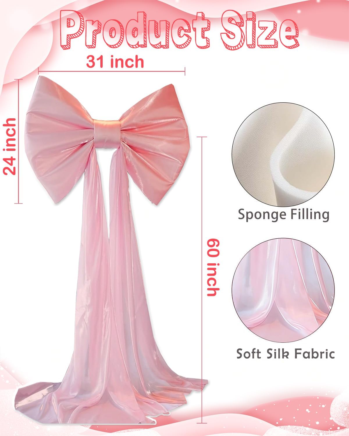 Skiennix Large Pink Bow Birthday Decorations - 31'' x 60'' Themed Backdrop for Weddings & Showers