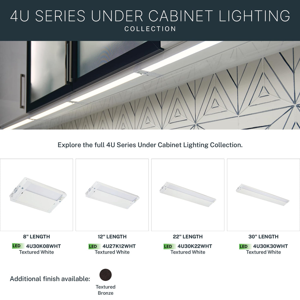Kichler 4U Series 22" 120V LED Under Cabinet Light in White, 3000K, (22" L x 4.5" W x 1"H), 4U30K22WHT